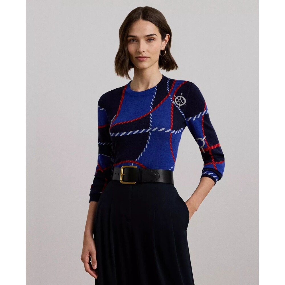 Lauren Ralph Lauren Women's Rope-Print Cotton-Blend Sweater Top Blue Multi M